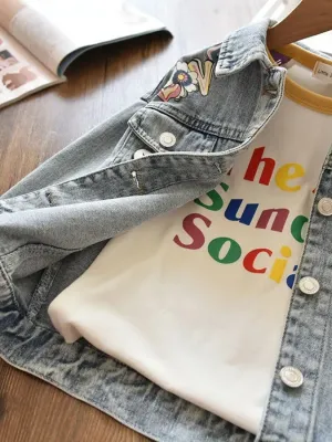 Girls' Light Blue Denim Jacket with Flowers and Rainbows — view 4