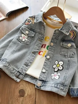 Girls' Light Blue Denim Jacket with Flowers and Rainbows — view 5