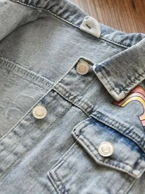 Girls' Light Blue Denim Jacket with Flowers and Rainbows — view 6