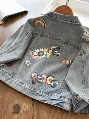 Girls' Light Blue Denim Jacket with Flowers and Rainbows — view 7
