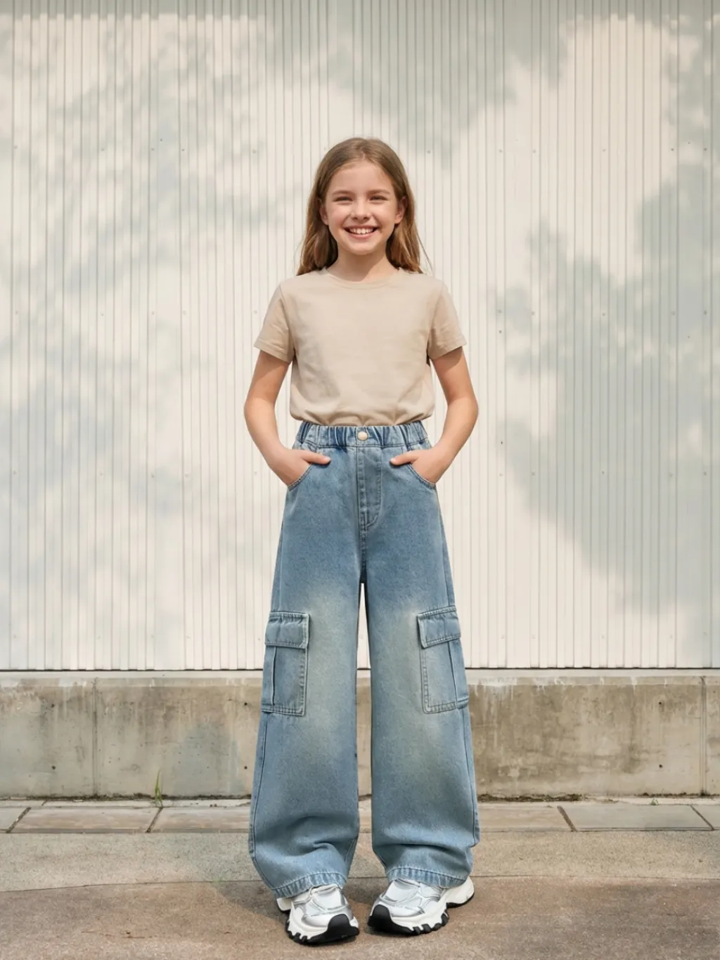 Girls' Light Blue Washed Cargo Jeans
