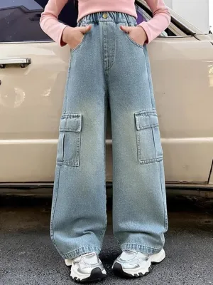 Girls' Light Blue Washed Cargo Jeans — view 2