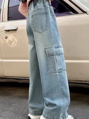 Girls' Light Blue Washed Cargo Jeans — view 3