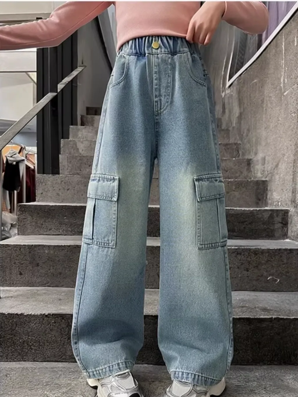 Girls' Light Blue Washed Cargo Jeans — endless ways to style it