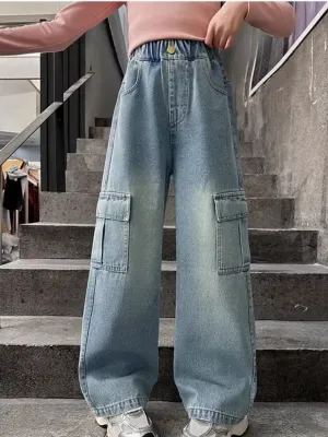 Girls' Light Blue Washed Cargo Jeans — view 4