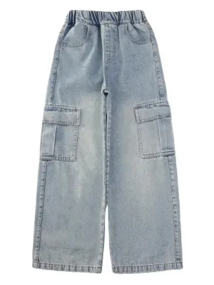 Girls' Light Blue Washed Cargo Jeans — view 5