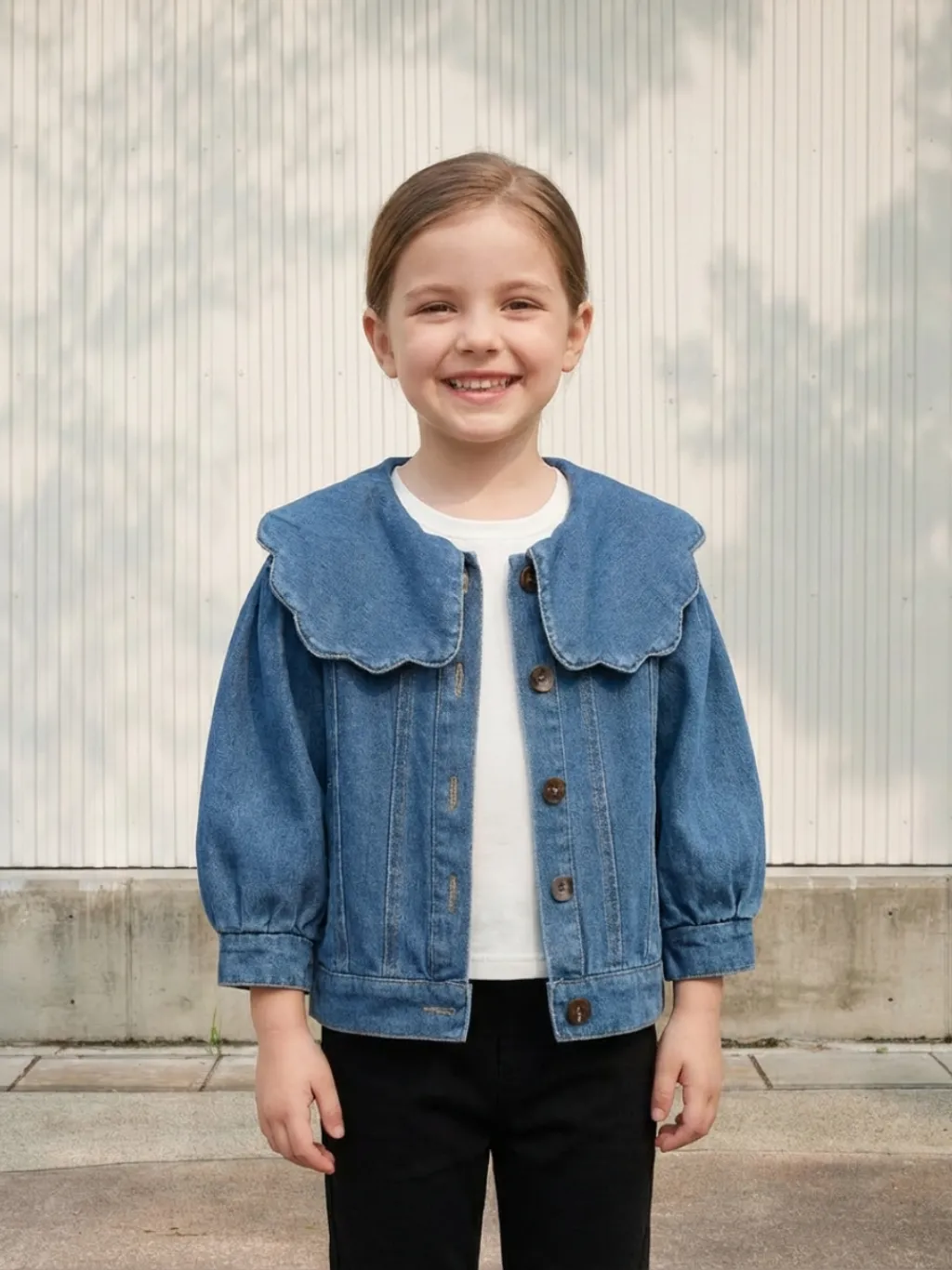 Girls' Oversized Denim Jacket with Sailor Collar