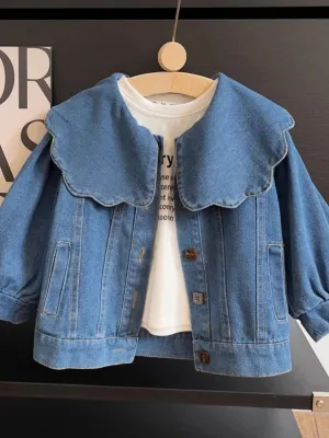 Girls' Oversized Denim Jacket with Sailor Collar — view 2