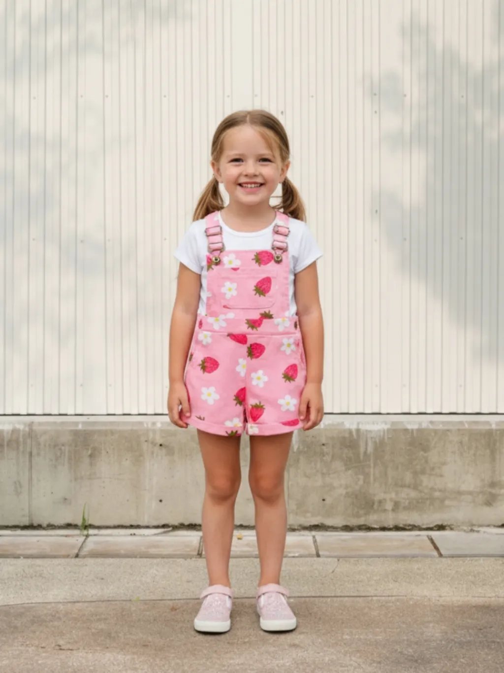 Girls' Denim Dungaree Shorts in Pastel Summer Prints