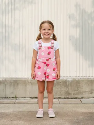 Girls' Denim Dungaree Shorts in Pastel Summer Prints — view 1