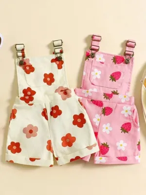 Girls' Denim Dungaree Shorts in Pastel Summer Prints — view 2