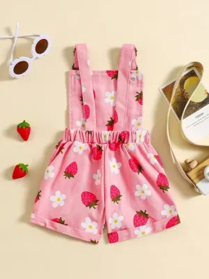 Girls' Denim Dungaree Shorts in Pastel Summer Prints — view 4