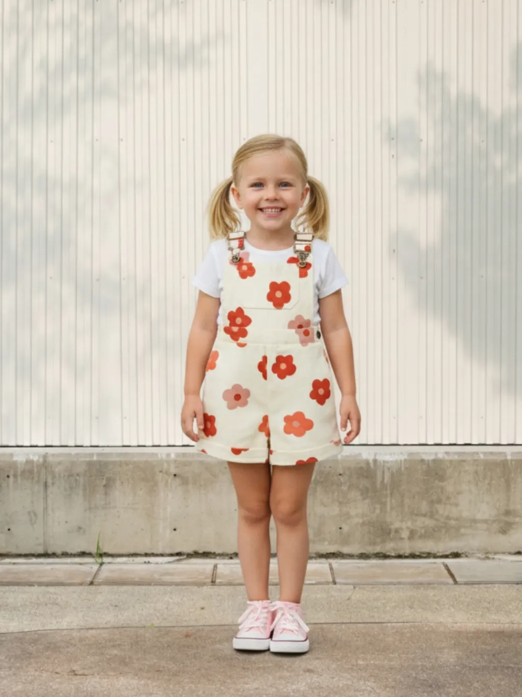 Girls' Denim Dungaree Shorts in Pastel Summer Prints