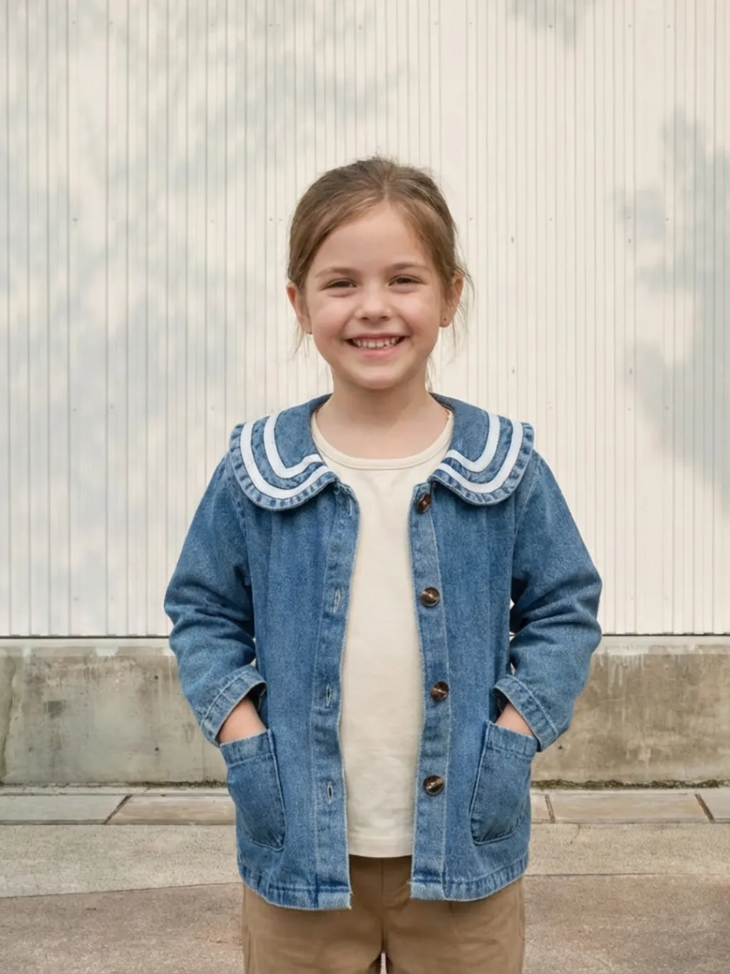 Girls' Denim Jacket with Contrast Peter Pan Collar