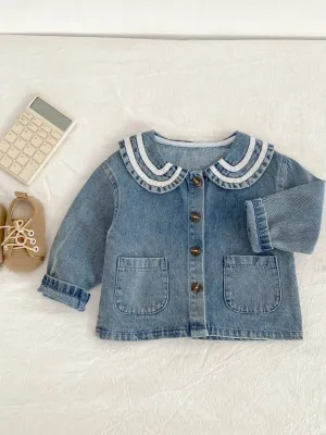 Girls' Denim Jacket with Contrast Peter Pan Collar — view 2