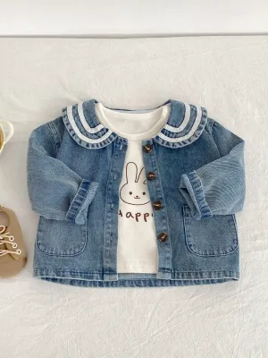 Girls' Denim Jacket with Contrast Peter Pan Collar — view 6