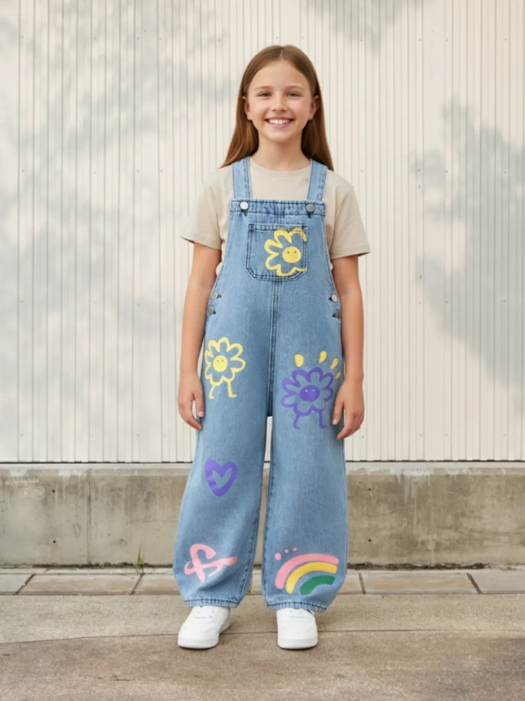 Girls' Denim Dungarees with Playful Motif