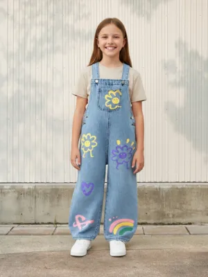 Girls' Denim Dungarees with Playful Motif — view 1