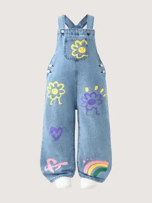 Girls' Denim Dungarees with Playful Motif — view 2