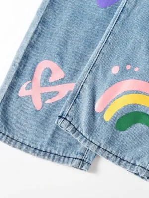Girls' Denim Dungarees with Playful Motif — view 4