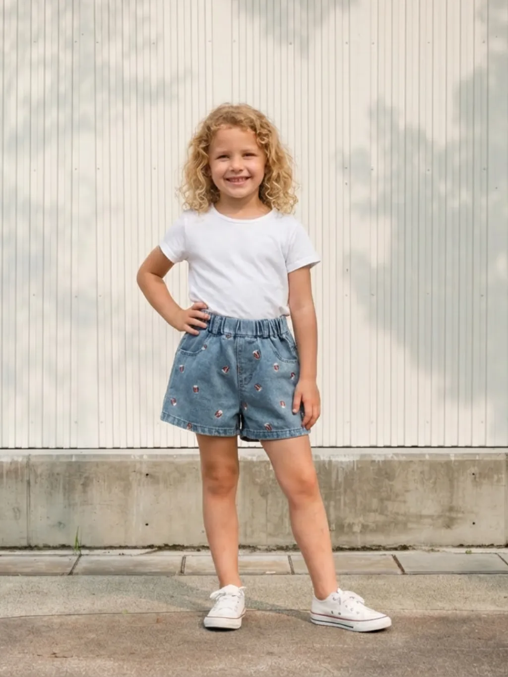 Girls' Denim Shorts with Popcorn Embroidery