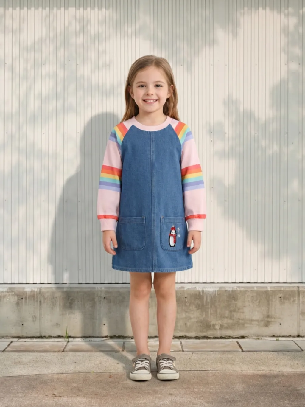 Girls' Denim Dress with Rainbow Sleeves and Penguin Embroidery