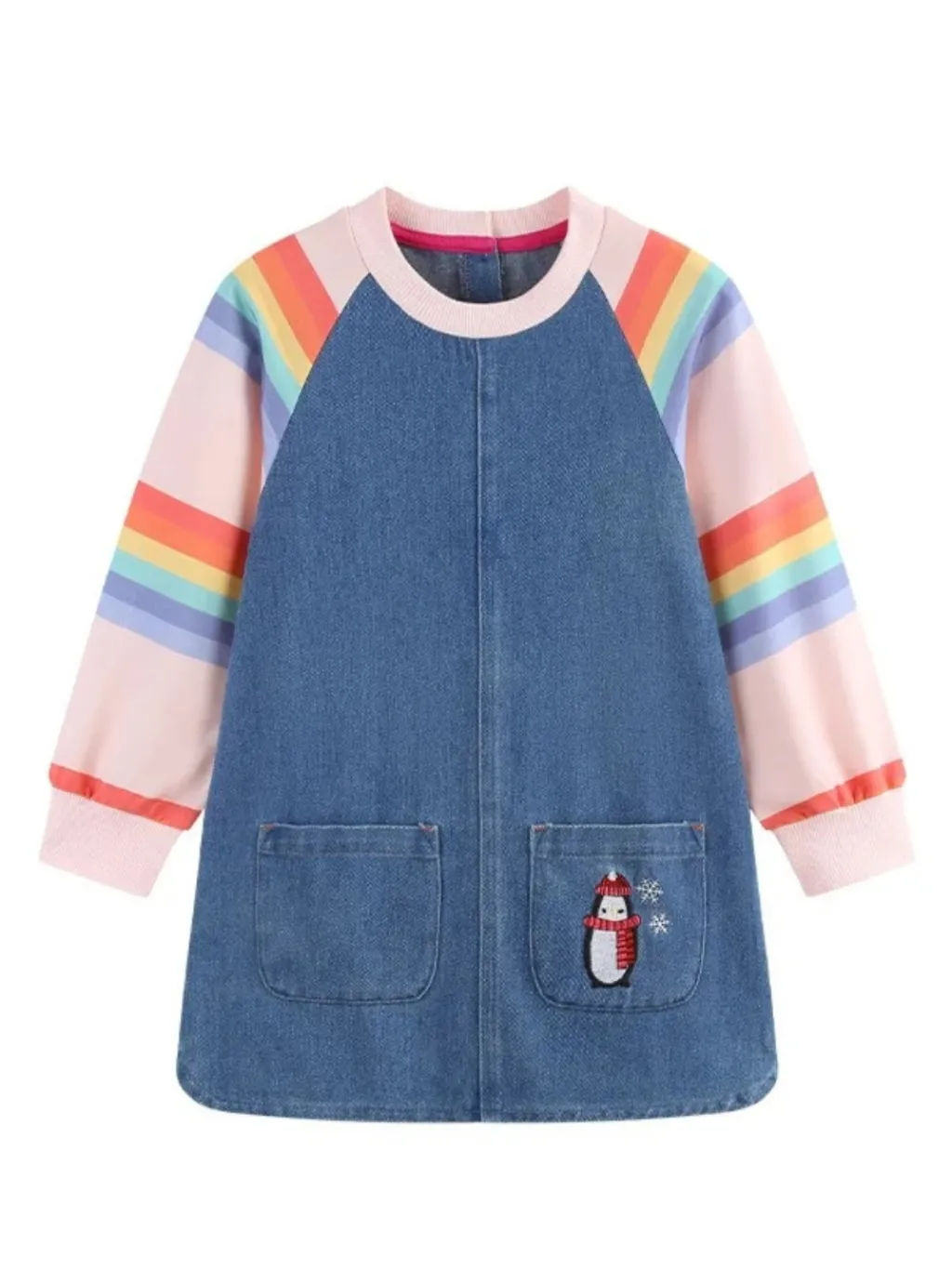 Girls' Denim Dress with Rainbow Sleeves and Penguin Embroidery — a pair designed to be worn everywhere