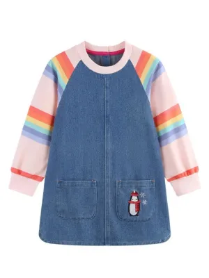 Girls' Denim Dress with Rainbow Sleeves and Penguin Embroidery — view 2