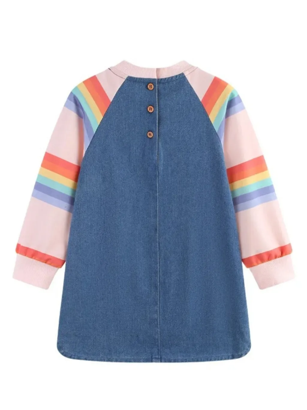 Girls' Denim Dress with Rainbow Sleeves and Penguin Embroidery — quality denim, made to last