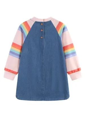 Girls' Denim Dress with Rainbow Sleeves and Penguin Embroidery — view 3