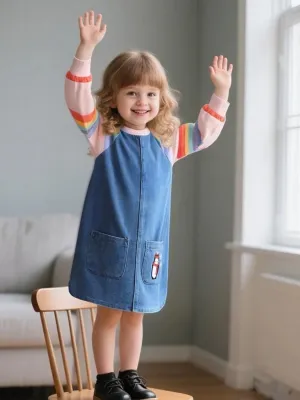 Girls' Denim Dress with Rainbow Sleeves and Penguin Embroidery — view 4