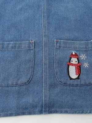 Girls' Denim Dress with Rainbow Sleeves and Penguin Embroidery — view 5