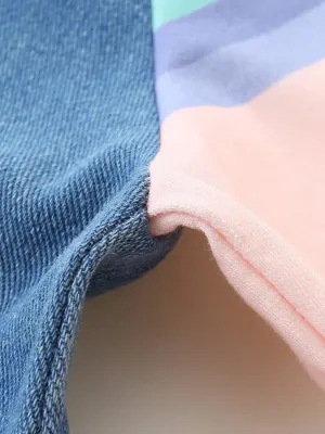 Girls' Denim Dress with Rainbow Sleeves and Penguin Embroidery — view 6