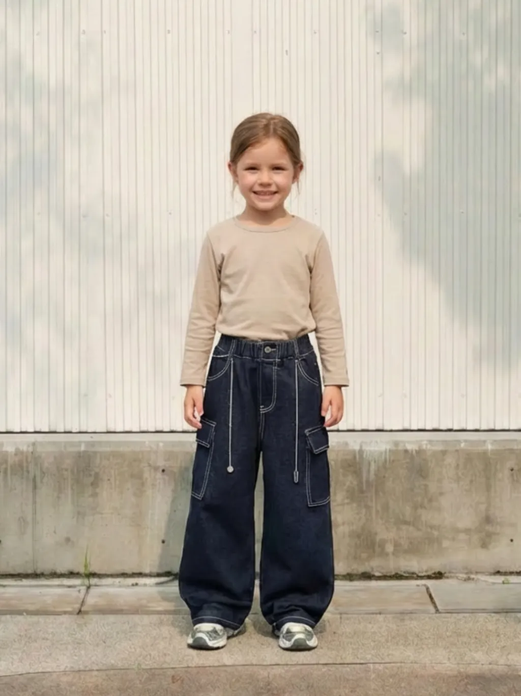 Girls' Raw Blue Cargo Jeans with Contrast Stitching