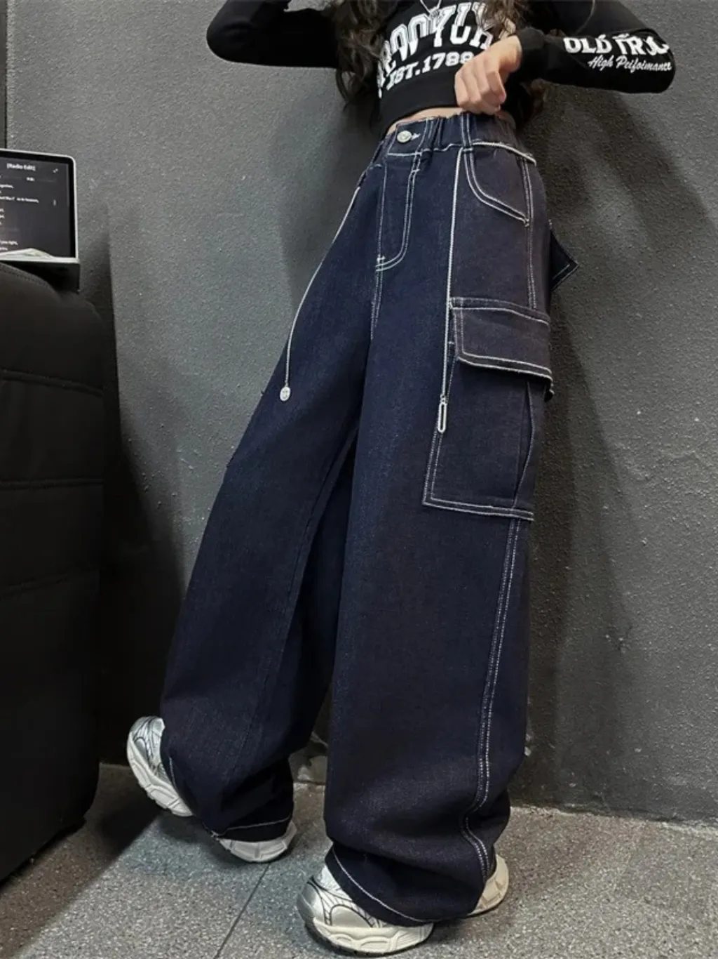 Girls' Raw Blue Cargo Jeans with Contrast Stitching — quality denim, made to last