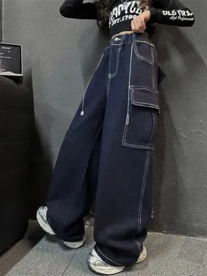 Girls' Raw Blue Cargo Jeans with Contrast Stitching — view 3