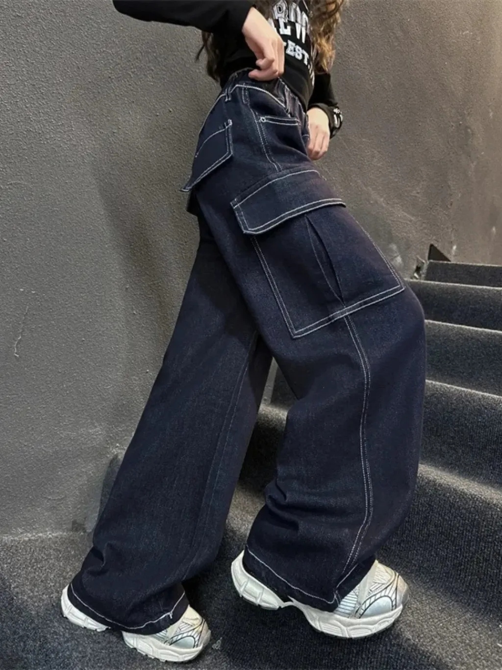 Girls' Raw Blue Cargo Jeans with Contrast Stitching — endless ways to style it