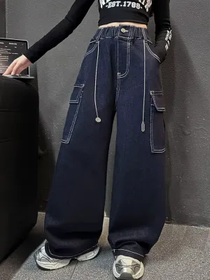 Girls' Raw Blue Cargo Jeans with Contrast Stitching — view 5