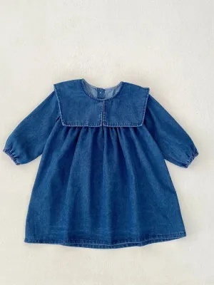 Girls' Denim Dress with Sailor Collar and Puff Sleeves — view 2
