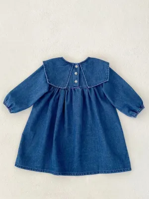 Girls' Denim Dress with Sailor Collar and Puff Sleeves — view 3
