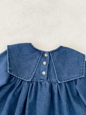 Girls' Denim Dress with Sailor Collar and Puff Sleeves — view 5