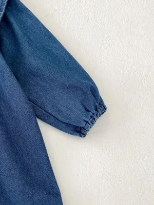 Girls' Denim Dress with Sailor Collar and Puff Sleeves — view 6