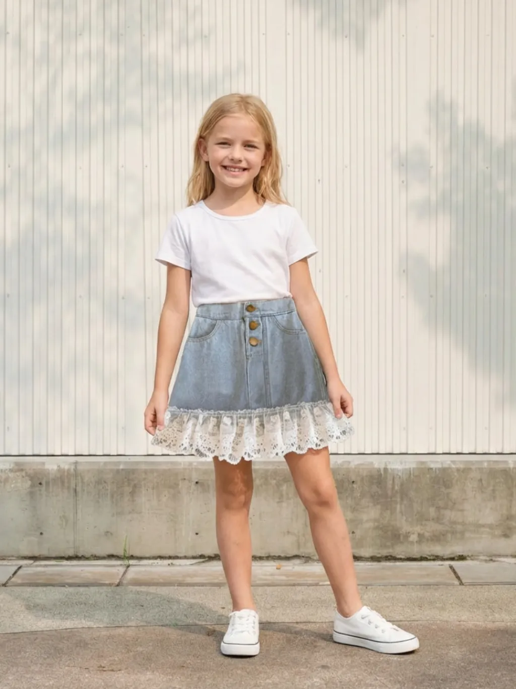Girls' Sky Blue Denim Skirt with Lace Frill