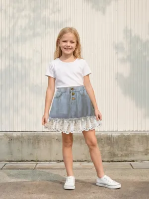 Girls' Sky Blue Denim Skirt with Lace Frill — view 1