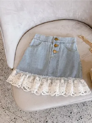 Girls' Sky Blue Denim Skirt with Lace Frill — view 2