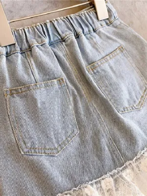Girls' Sky Blue Denim Skirt with Lace Frill — view 5