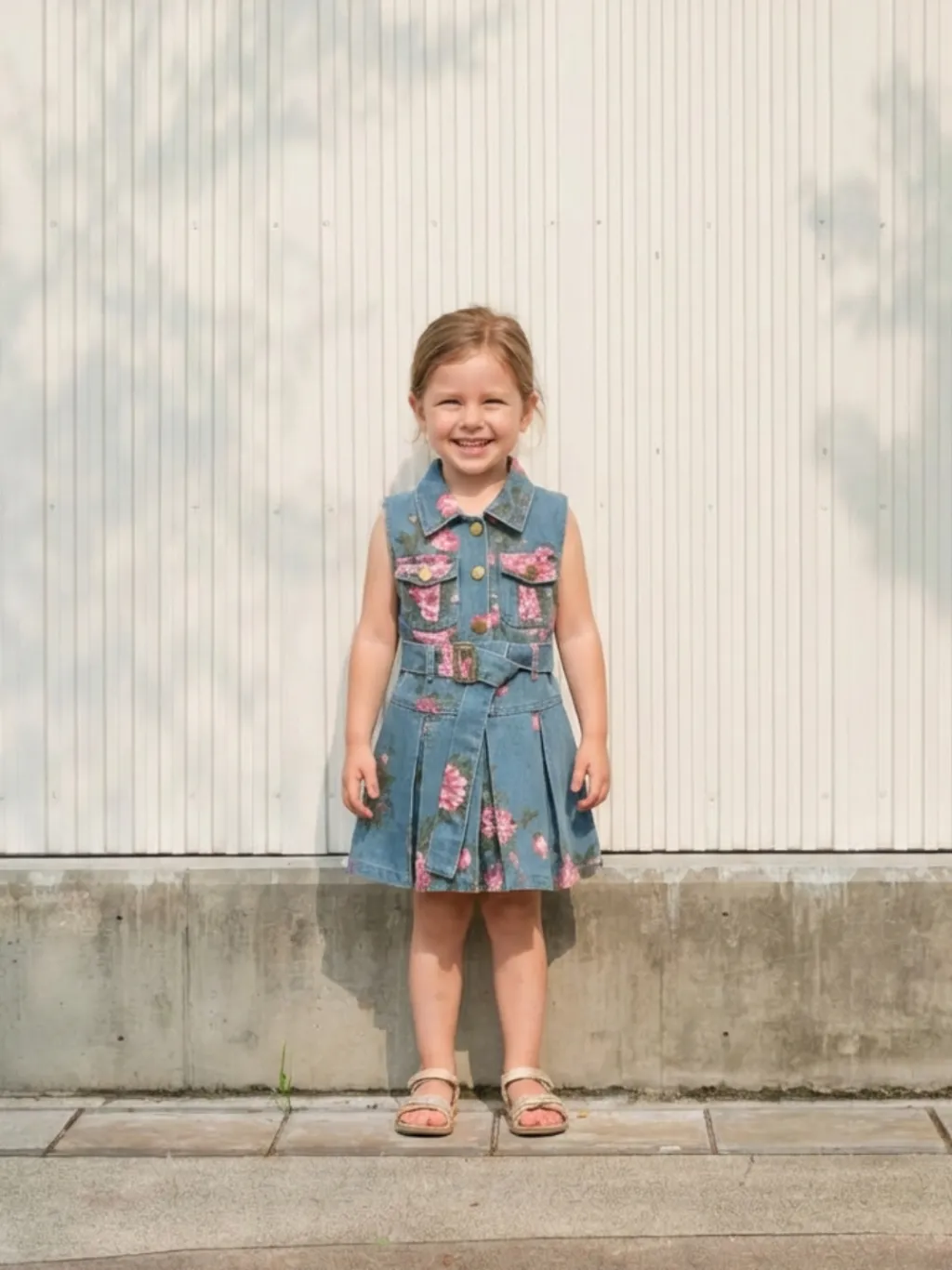 Girls' Sleeveless Denim Dress with Pink Floral Print and Belt