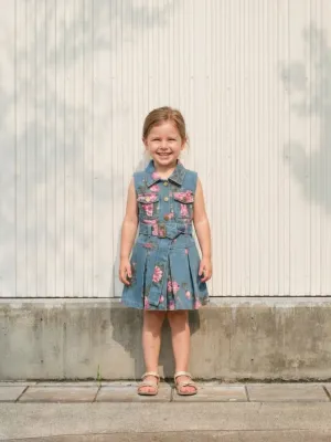 Girls' Sleeveless Denim Dress with Pink Floral Print and Belt — view 1