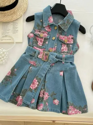 Girls' Sleeveless Denim Dress with Pink Floral Print and Belt — view 2
