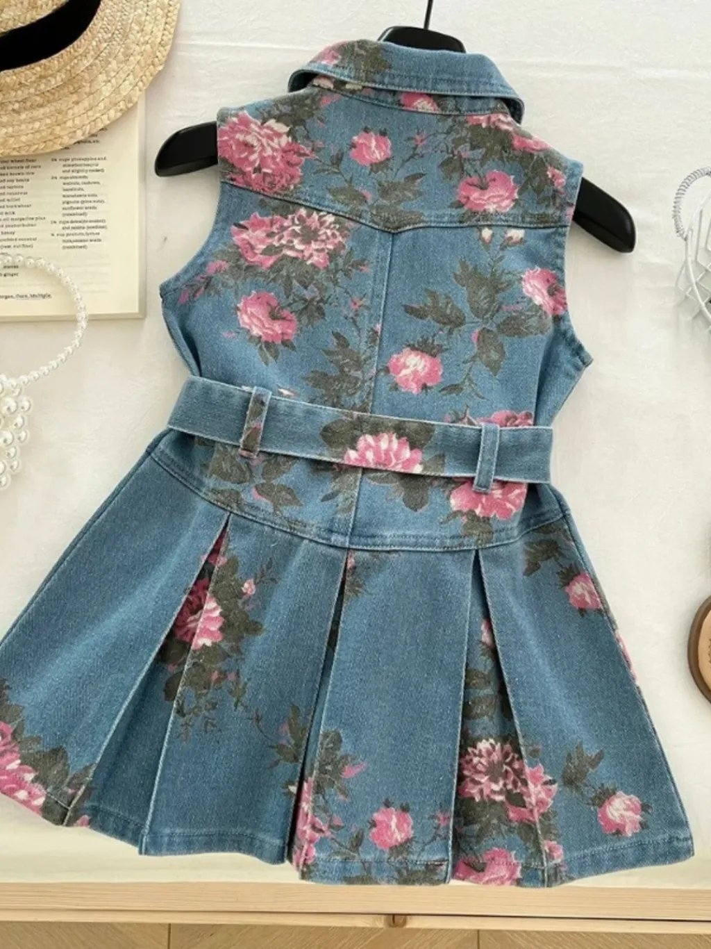 Girls' Sleeveless Denim Dress with Pink Floral Print and Belt — quality denim, made to last